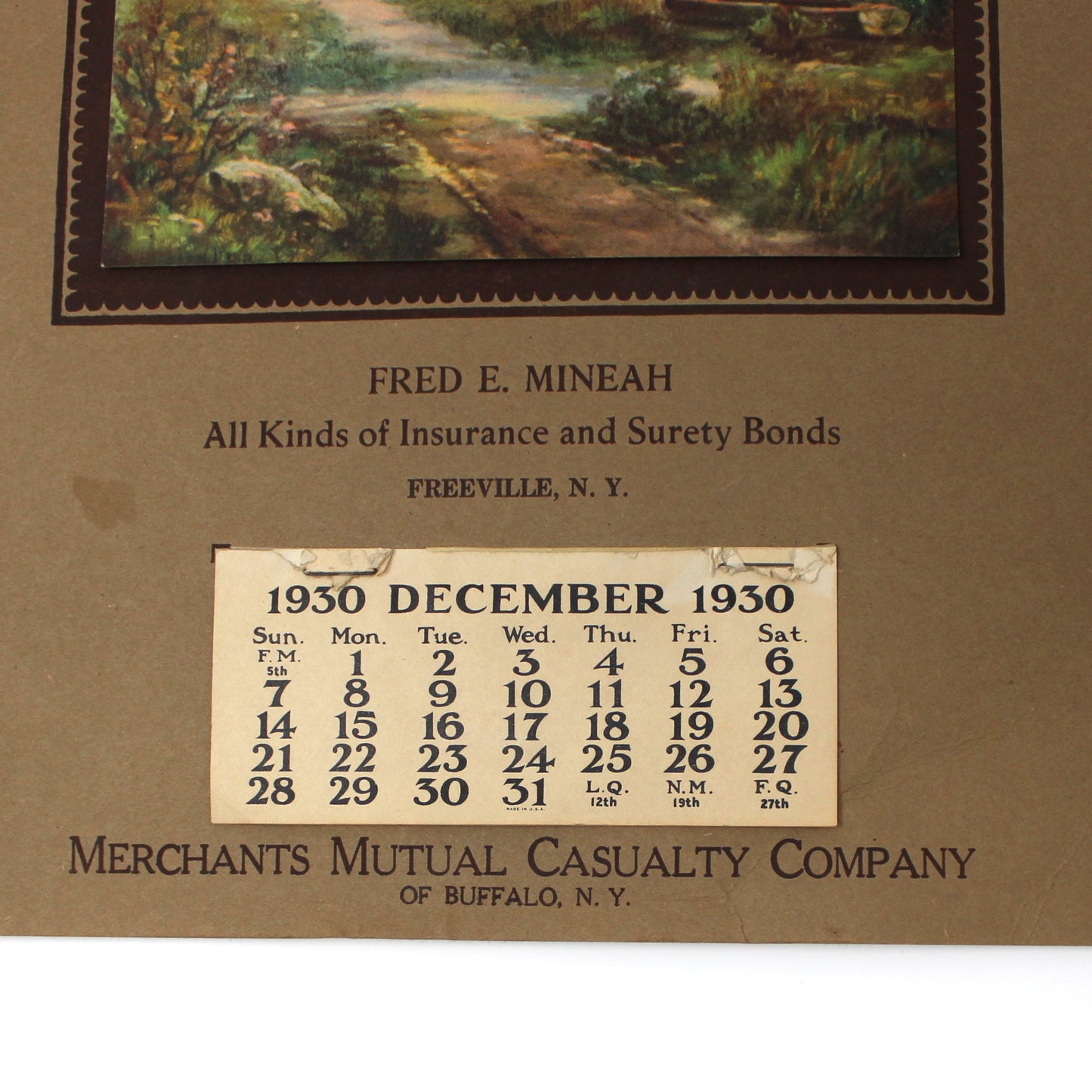 Calendar, Advertising Calendar, Original, Country Cabin at Sunrise Illustration, Vintage 1930, 16"