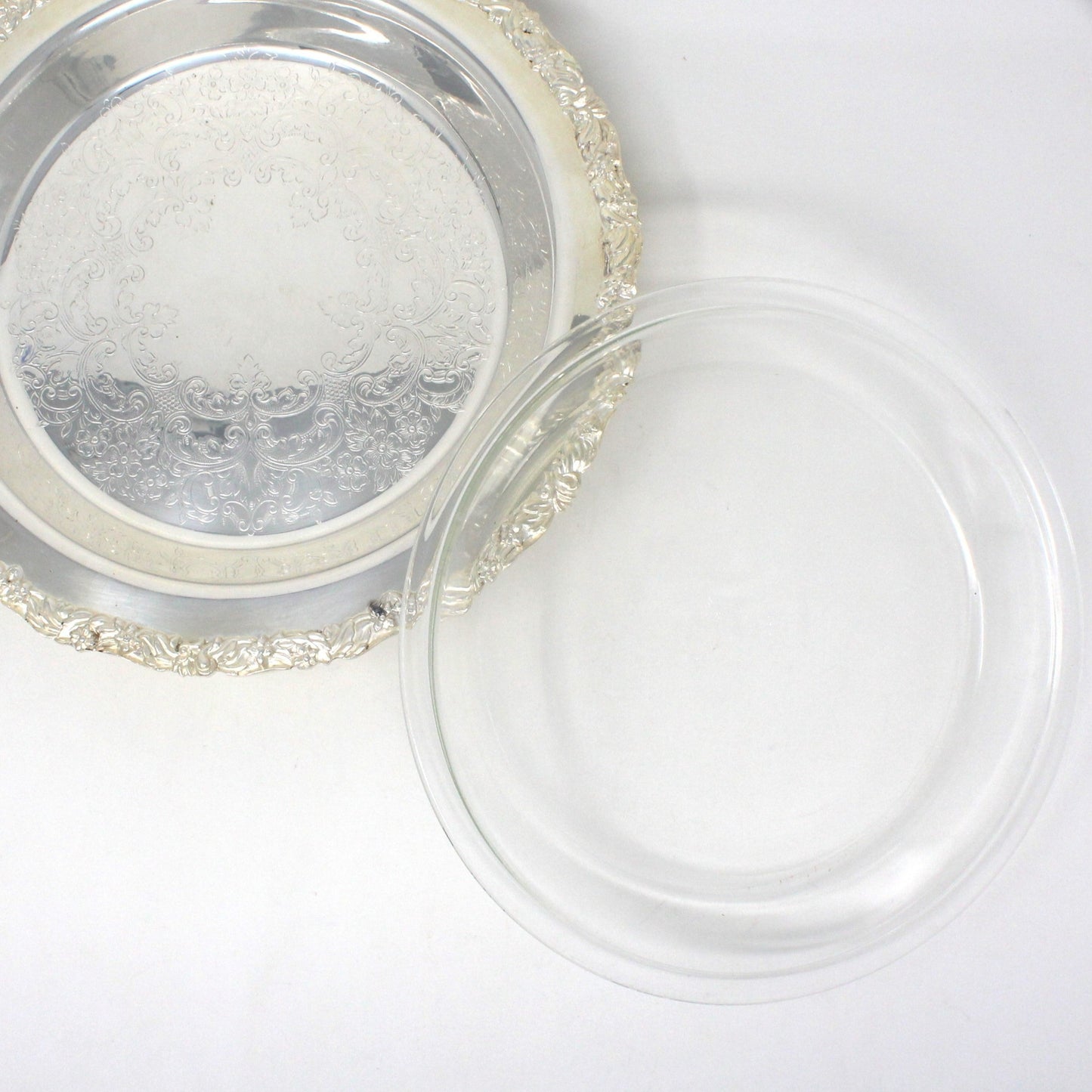 Server, Crown Silver Co, Silverplate Footed Serving Plate with Glass Insert, 12", Vintage