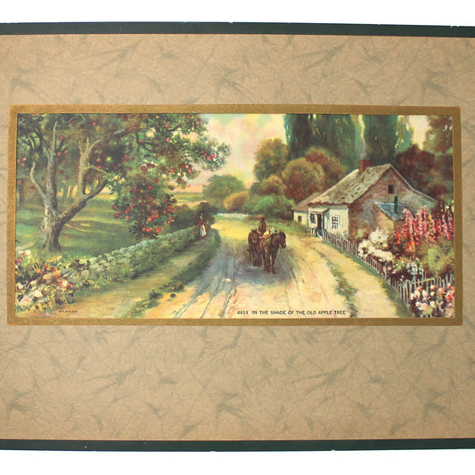 Framed vintage-style landscape painting of a village scene with a path and houses.