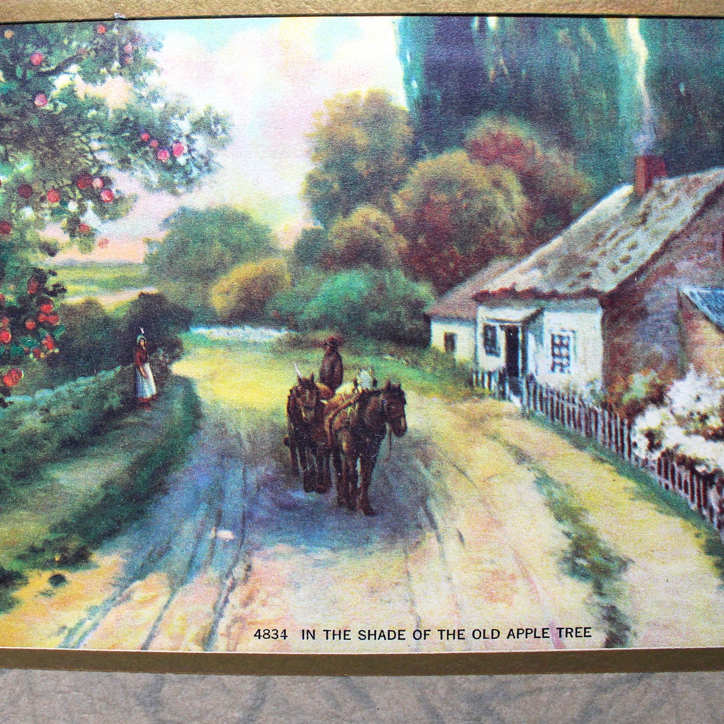Print, Lithograph, In The Shade of The Old Apple Tree, Horse Drawn Cart on Country Road, Vintage