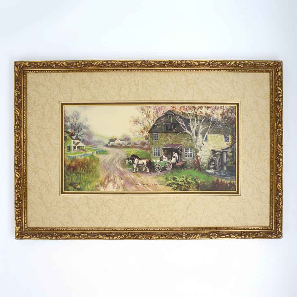 Print, Lithograph, Reaping the Harvest, Country Barn and Horse Drawn Cart on Dirt Road, Vintage