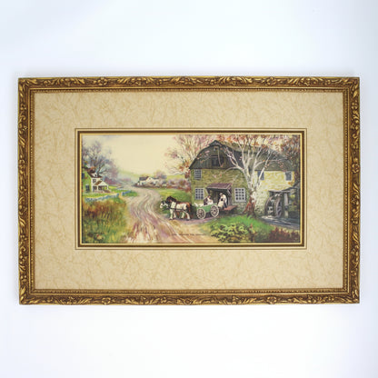 Print, Lithograph, Reaping the Harvest, Country Barn and Horse Drawn Cart on Dirt Road, Vintage