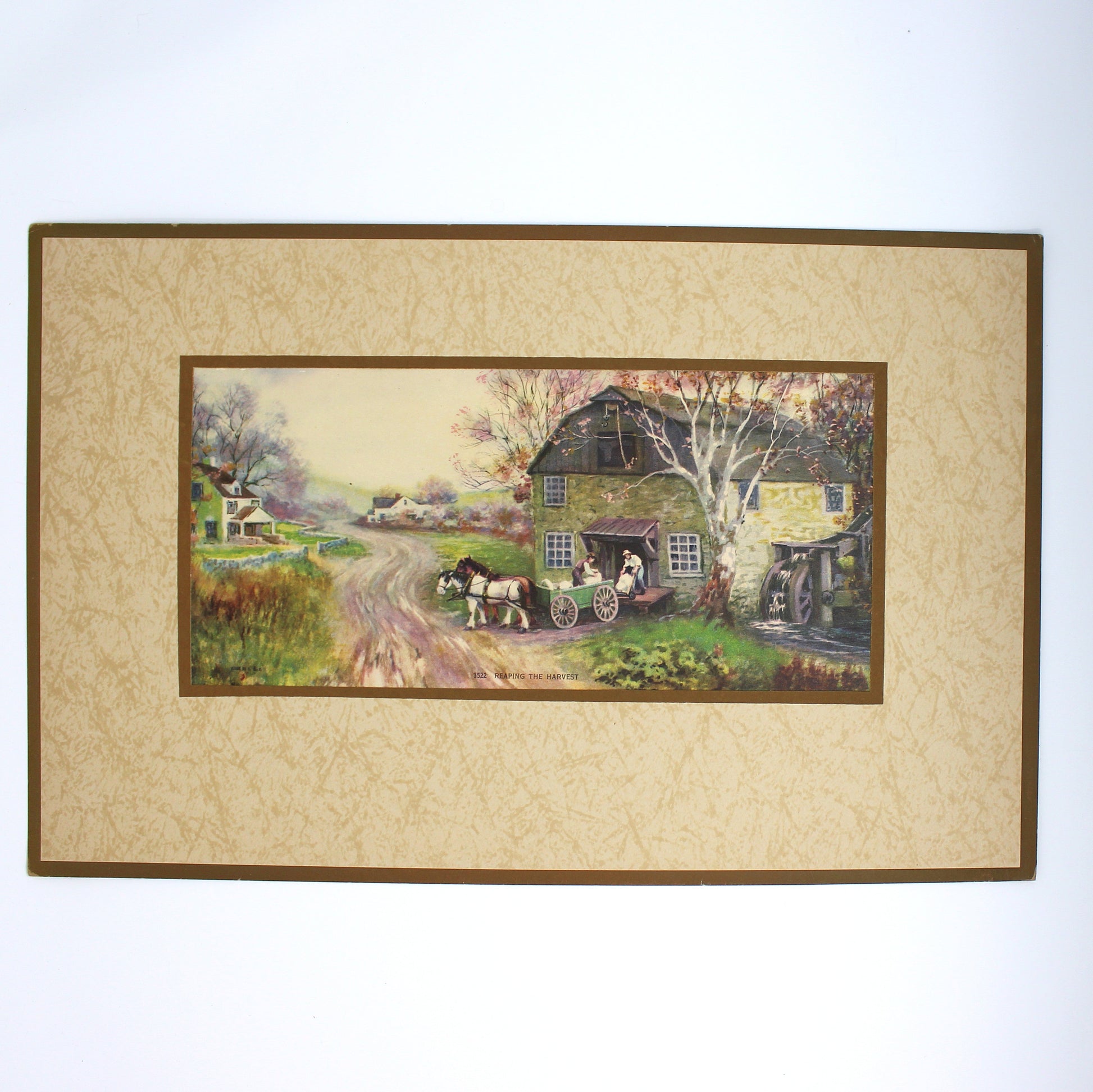 Vintage print, country landscape with a barn and horses.  Matted.