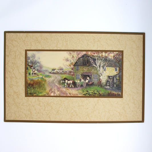 Vintage print, country landscape with a barn and horses.  Matted.
