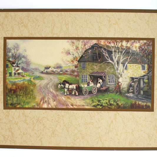 Print, Lithograph, Reaping the Harvest, Country Barn and Horse Drawn Cart on Dirt Road, Vintage