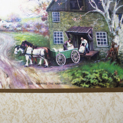 Print, Lithograph, Reaping the Harvest, Country Barn and Horse Drawn Cart on Dirt Road, Vintage