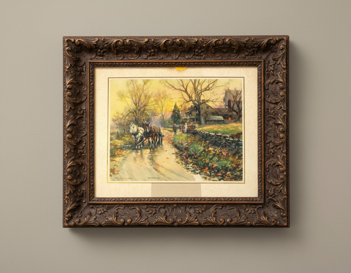 Calendar, Original Salesman Sample, Lithograph, Country Landscape, Cabin and Horse Drawn Cart on Dirt Road, Frank F. English, 1927, 14"