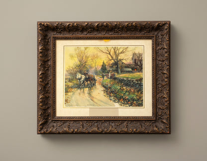 Calendar, Original Salesman Sample, Lithograph, Country Landscape, Cabin and Horse Drawn Cart on Dirt Road, Frank F. English, 1927, 14"