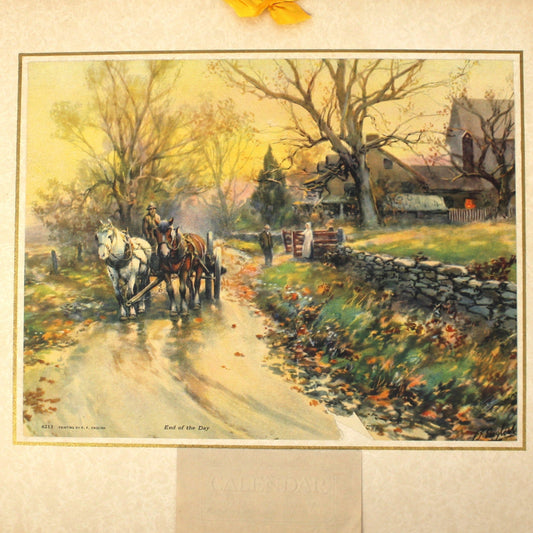 Vintage Calendar Sample, Framed artwork of a pastoral scene with a horse-drawn cart.  1927