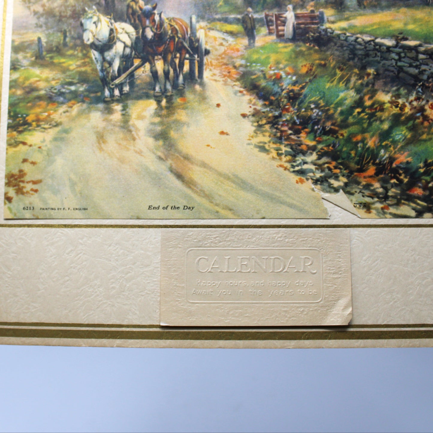 Calendar, Original Salesman Sample, Lithograph, Country Landscape, Cabin and Horse Drawn Cart on Dirt Road, Frank F. English, 1927, 14"