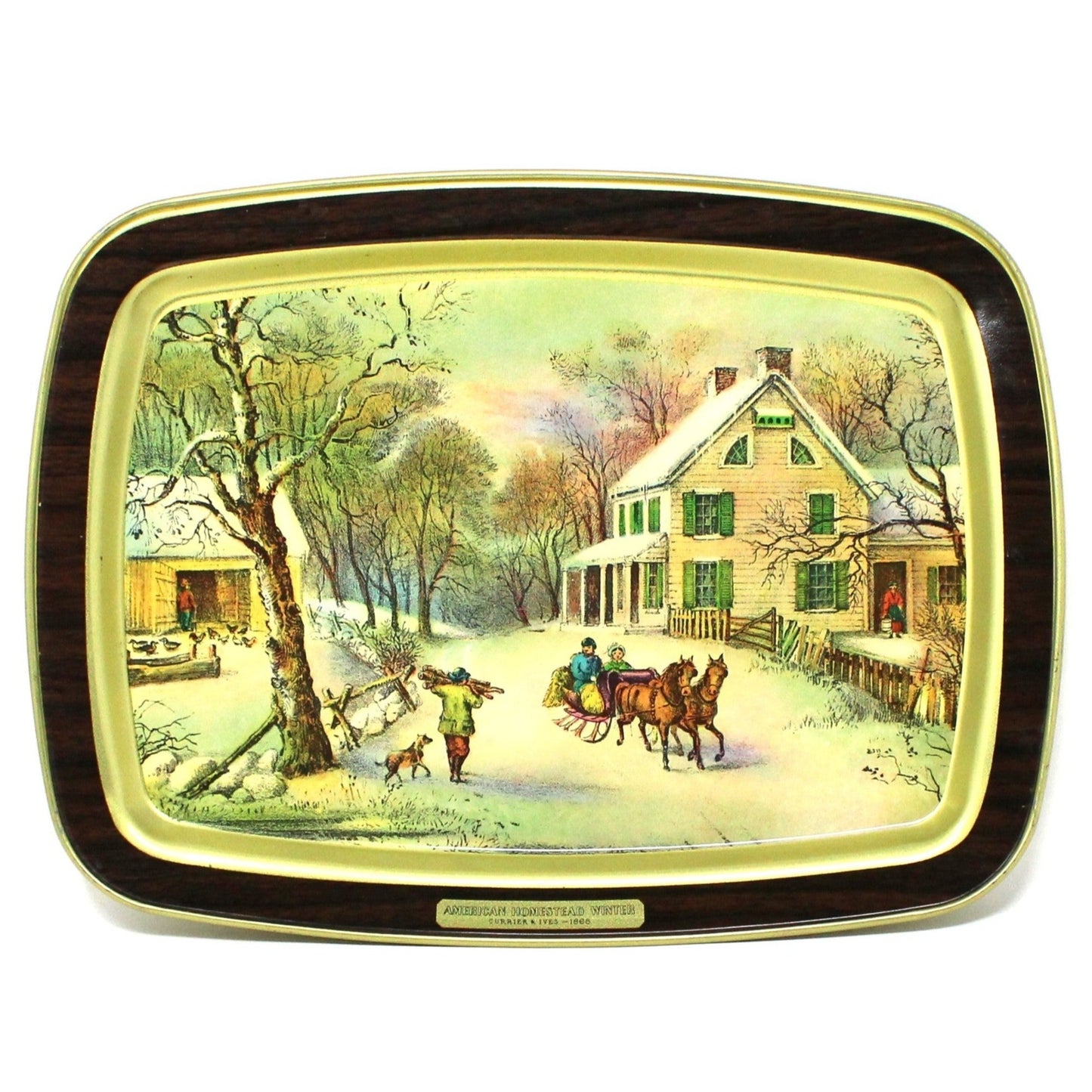 Tray, Currier & Ives Metal Tray, 1868 American Homestead Winter, Vintage