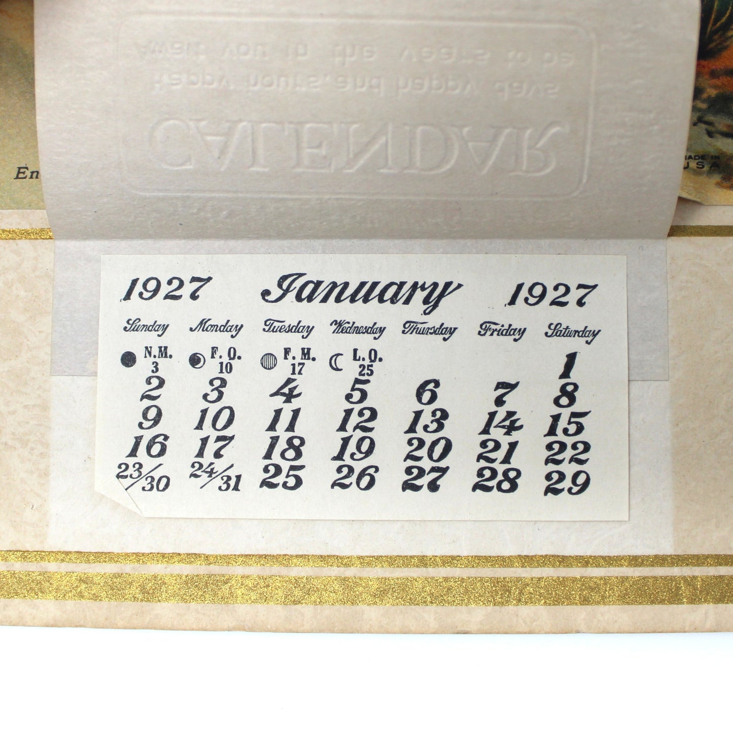 Calendar, Original Salesman Sample, Lithograph, Country Landscape, Cabin and Horse Drawn Cart on Dirt Road, Frank F. English, 1927, 14"