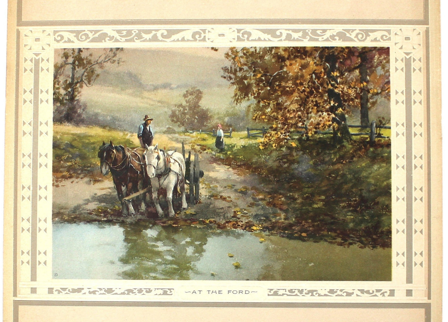 Print, Lithograph, At The Ford, Frank F. English Painting, Country Landscape, Horses Crossing at River, Vintage