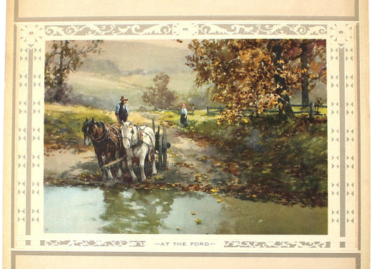 Print, Lithograph, At The Ford, Frank F. English Painting, Country Landscape, Horses Crossing at River, Vintage