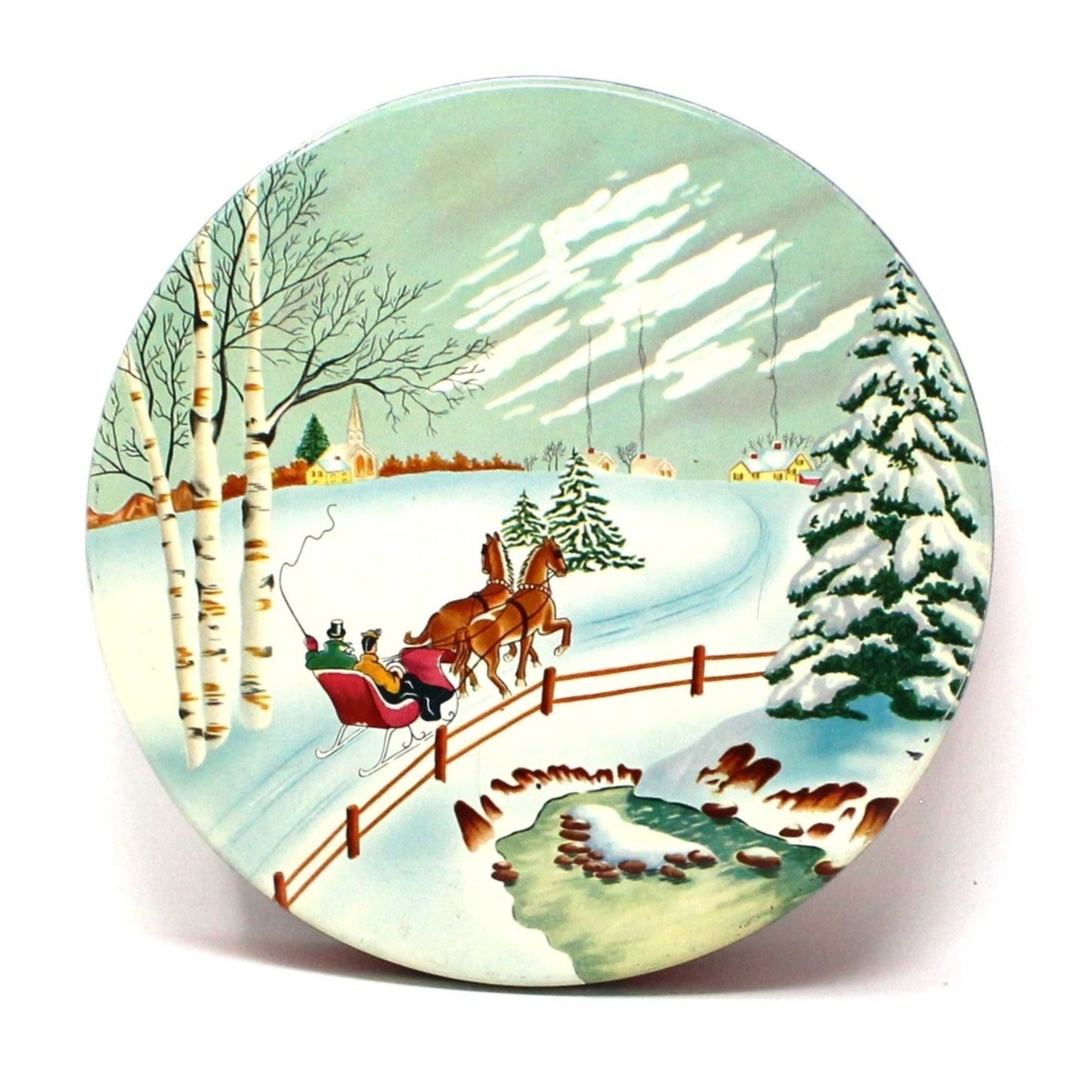 Gift Tin / Cookie Tin, Horse Drawn Sleigh Snowy Winter Scene, Olive Can Co, Vintage