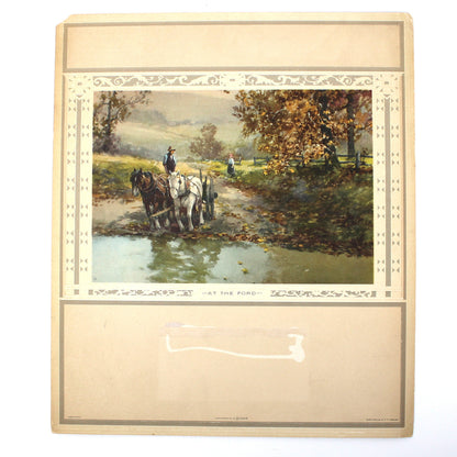 Vintage lithograph print by FF English, country landscape with horses at the river.