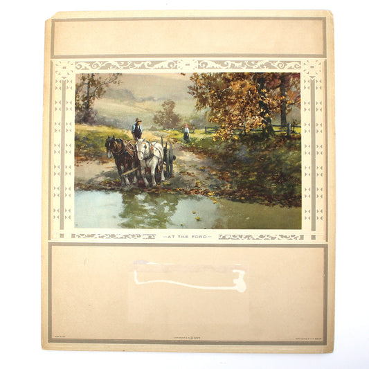 Vintage lithograph print by FF English, country landscape with horses at the river.