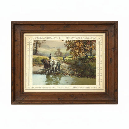 Print, Lithograph, At The Ford, Frank F. English Painting, Country Landscape, Horses Crossing at River, Vintage