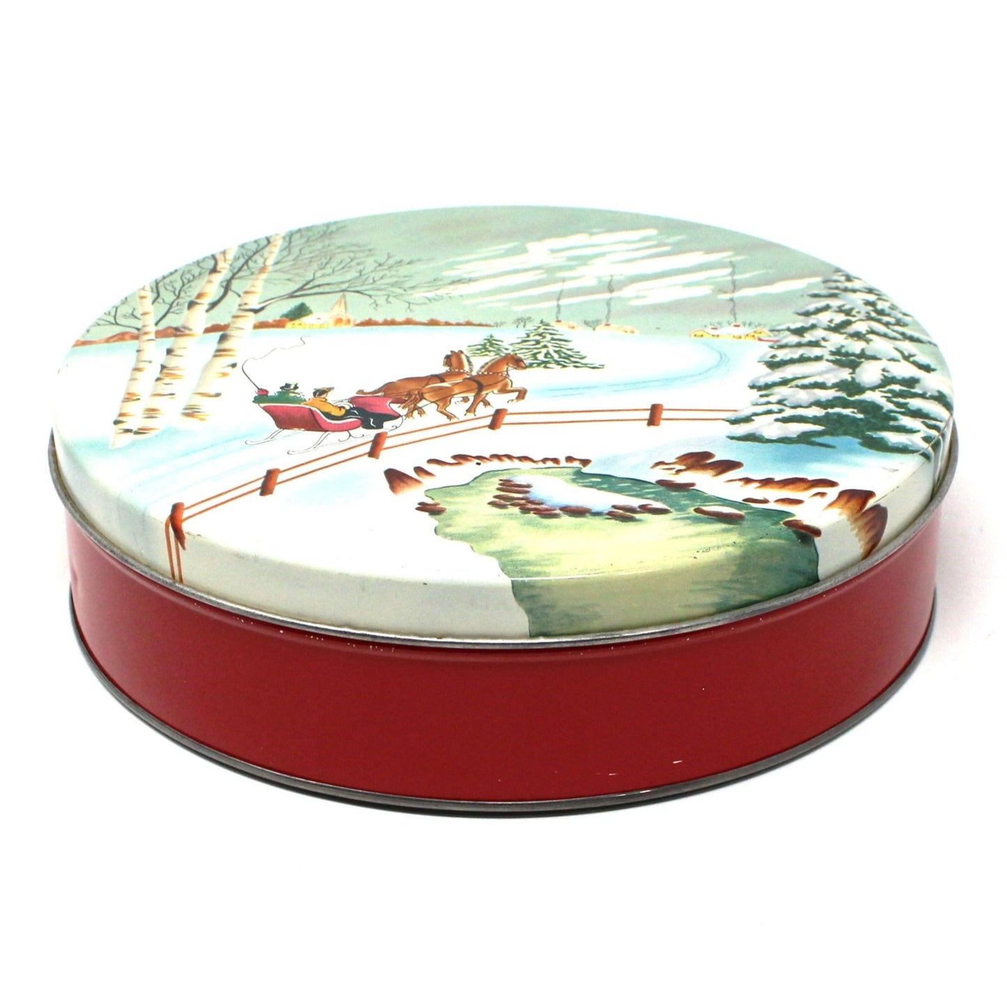Gift Tin / Cookie Tin, Horse Drawn Sleigh Snowy Winter Scene, Olive Can Co, Vintage