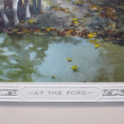Print, Lithograph, At The Ford, Frank F. English Painting, Country Landscape, Horses Crossing at River, Vintage