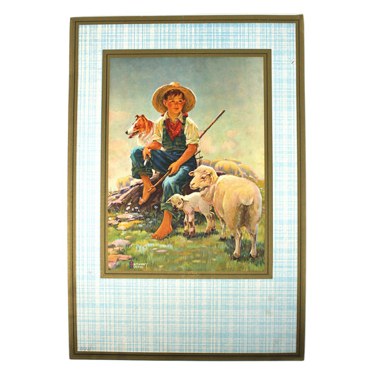 Framed artwork of a boy with a dog and sheep on a checkered background