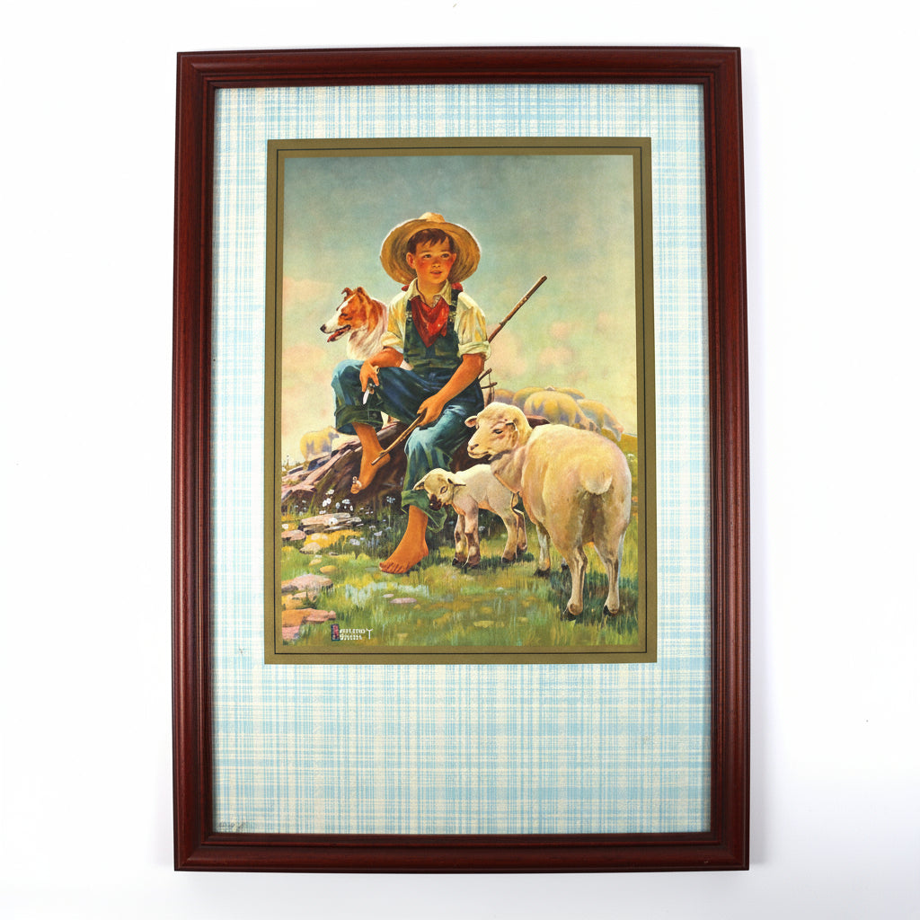 Print, Lithograph, Boy Tending Sheep, Anthony Cucchi Painting, Pastoral Scene Boy & Collie Dog, Vintage