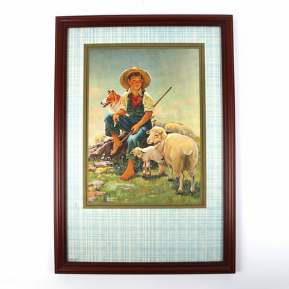 Print, Lithograph, Boy Tending Sheep, Anthony Cucchi Painting, Pastoral Scene Boy & Collie Dog, Vintage