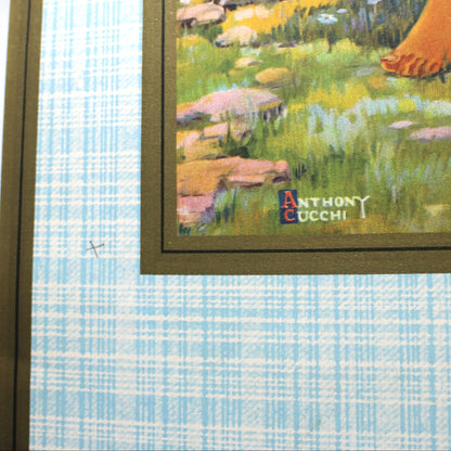 Print, Lithograph, Boy Tending Sheep, Anthony Cucchi Painting, Pastoral Scene Boy & Collie Dog, Vintage