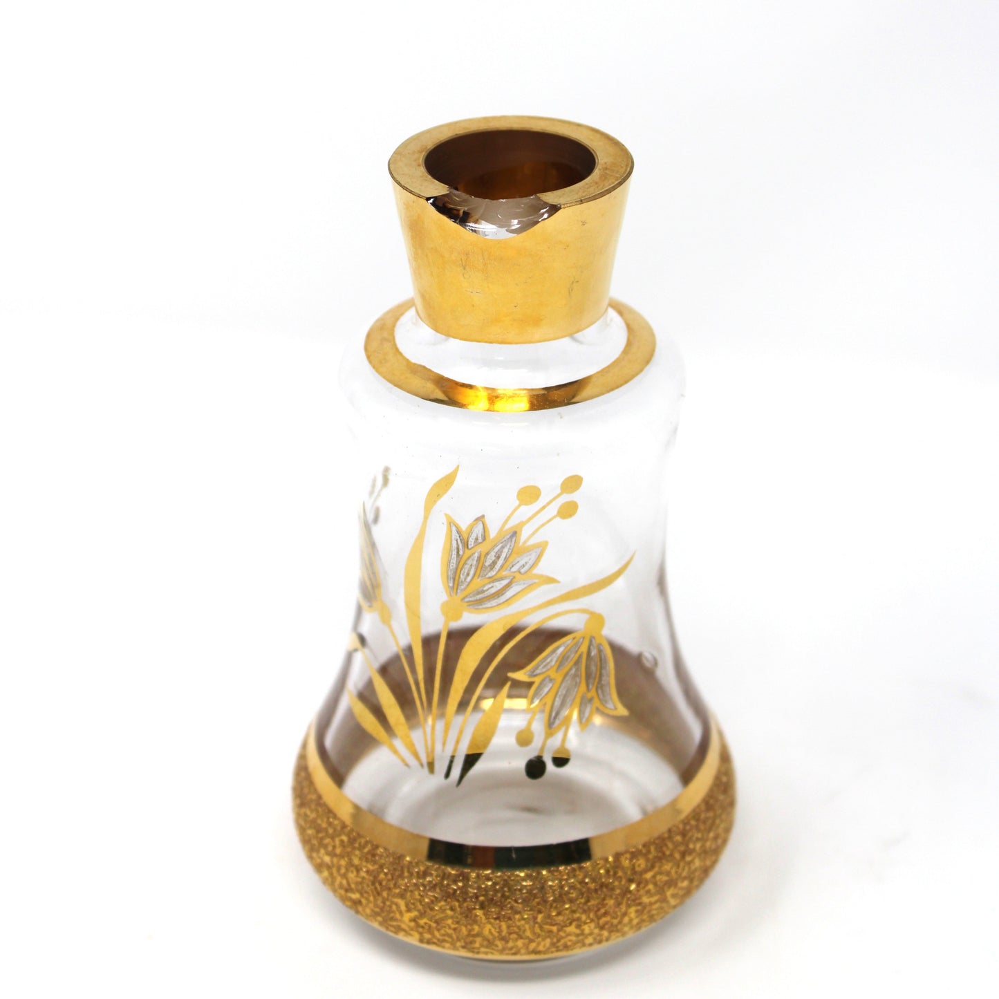 Perfume Bottle, Blown Glass, Bohemia Gold Encrusted Floral, Bell Shaped, Czechoslovakia, Vintage