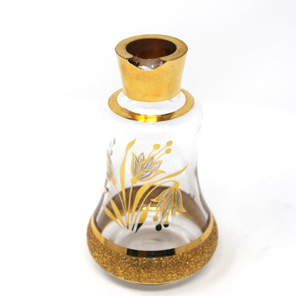 Perfume Bottle, Blown Glass, Bohemia Gold Encrusted Floral, Bell Shaped, Czechoslovakia, Vintage
