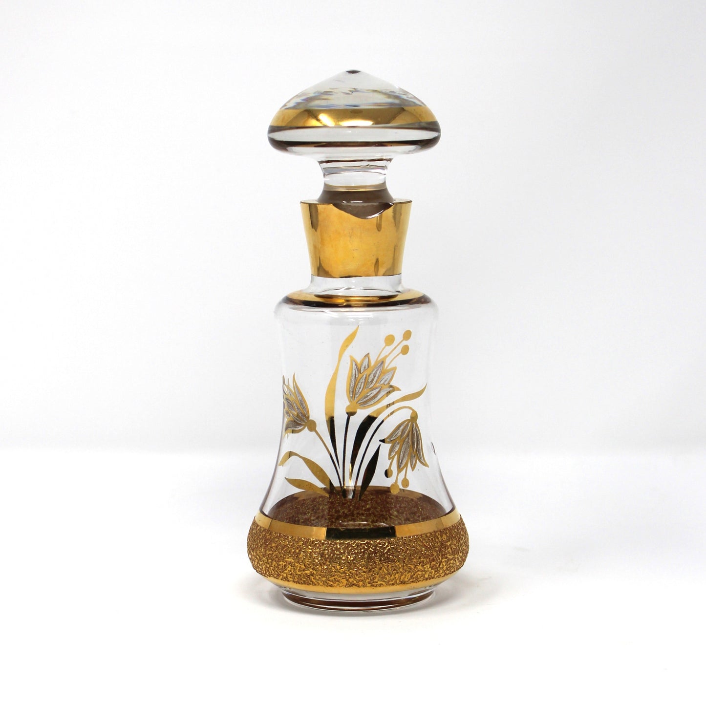 Perfume Bottle, Blown Glass, Bohemia Gold Encrusted Floral, Bell Shaped, Czechoslovakia, Vintage