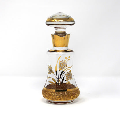 Perfume Bottle, Blown Glass, Bohemia Gold Encrusted Floral, Bell Shaped, Czechoslovakia, Vintage