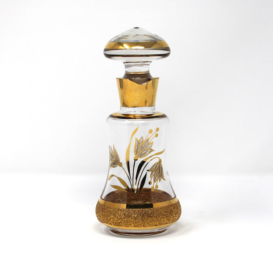 Perfume Bottle, Blown Glass, Bohemia Gold Encrusted Floral, Bell Shaped, Czechoslovakia, Vintage