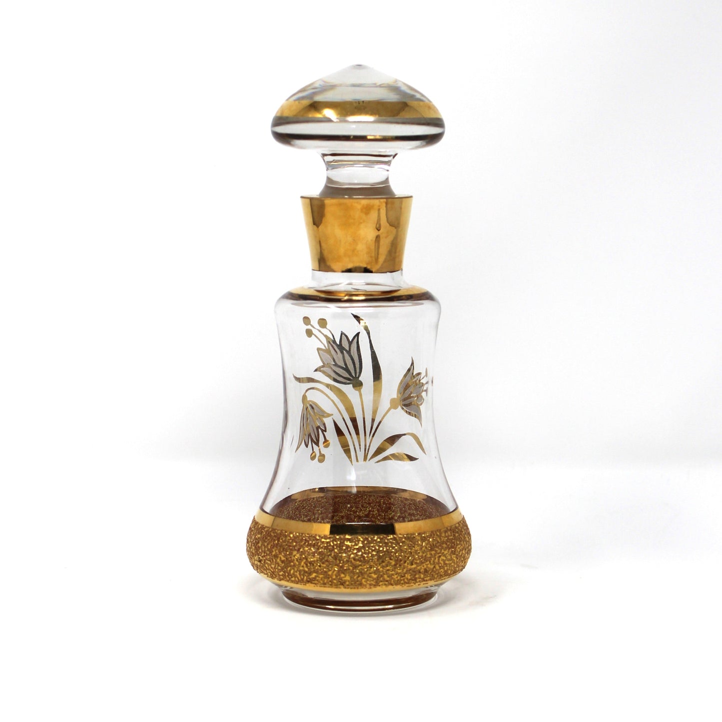 Perfume Bottle, Blown Glass, Bohemia Gold Encrusted Floral, Bell Shaped, Czechoslovakia, Vintage