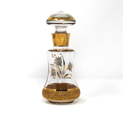 Perfume Bottle, Blown Glass, Bohemia Gold Encrusted Floral, Bell Shaped, Czechoslovakia, Vintage