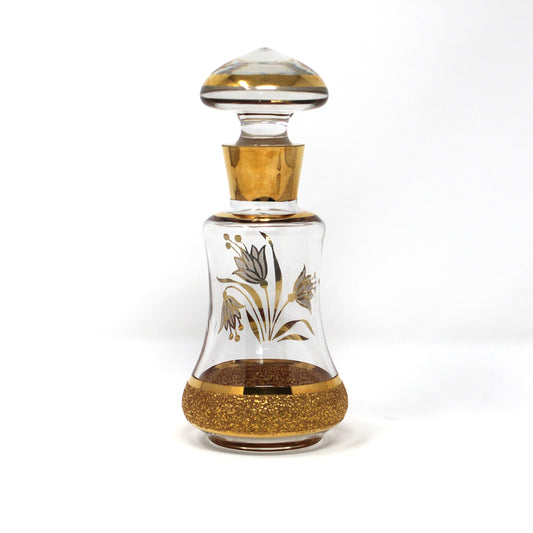 Perfume Bottle, Blown Glass, Bohemia Gold Encrusted Floral, Bell Shaped, Czechoslovakia, Vintage
