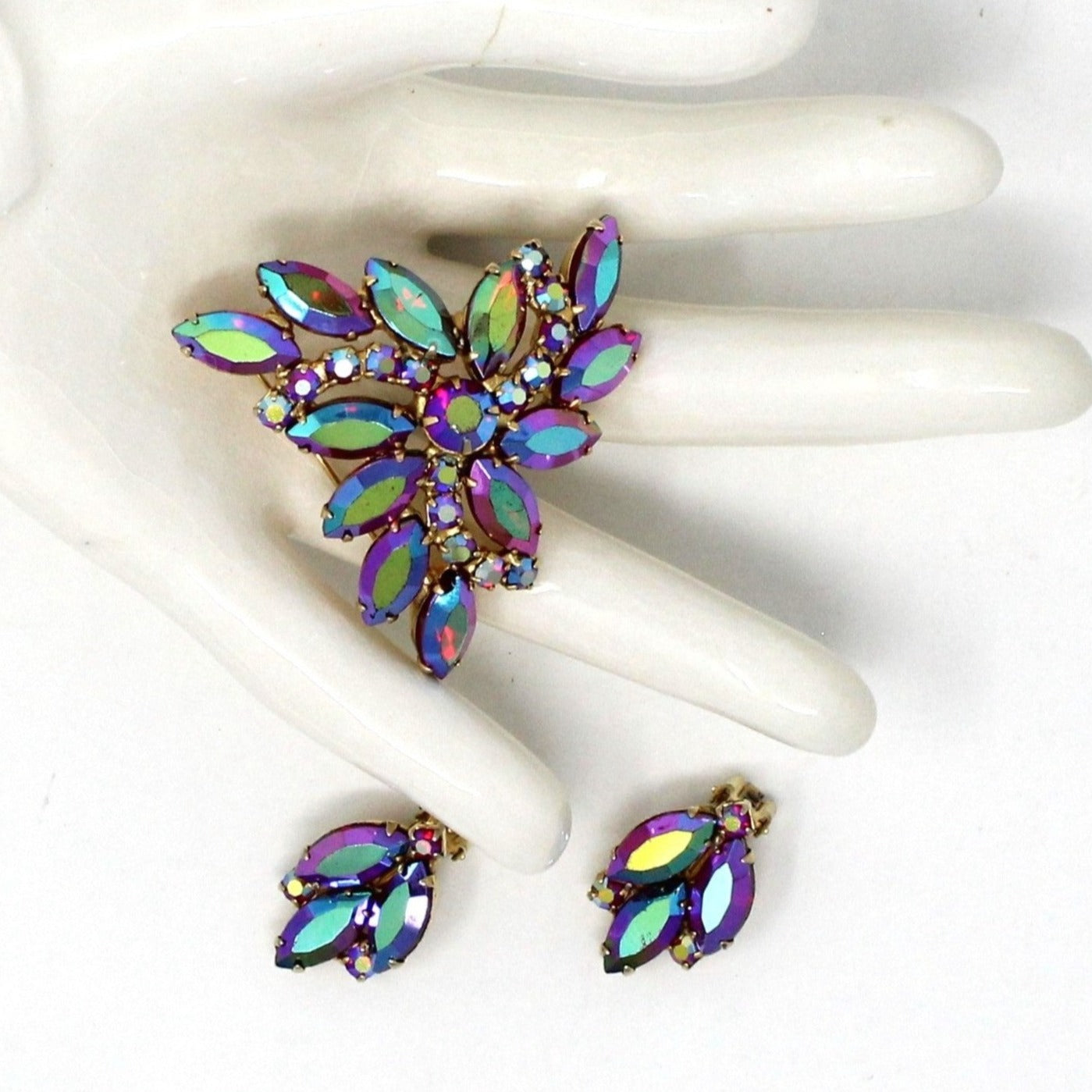 Brooch / Pin and Earrings Set, Peacock Aurora Borealis Rhinestones, Vintage