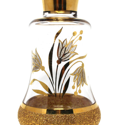 Perfume Bottle, Blown Glass, Bohemia Gold Encrusted Floral, Bell Shaped, Czechoslovakia, Vintage