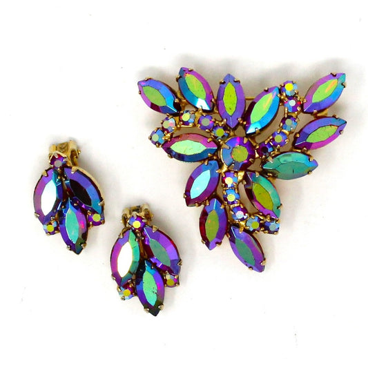 Brooch / Pin and Earrings Set, Peacock Aurora Borealis Rhinestones, Vintage