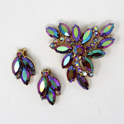 Brooch / Pin and Earrings Set, Peacock Aurora Borealis Rhinestones, Vintage