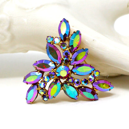 Brooch / Pin and Earrings Set, Peacock Aurora Borealis Rhinestones, Vintage