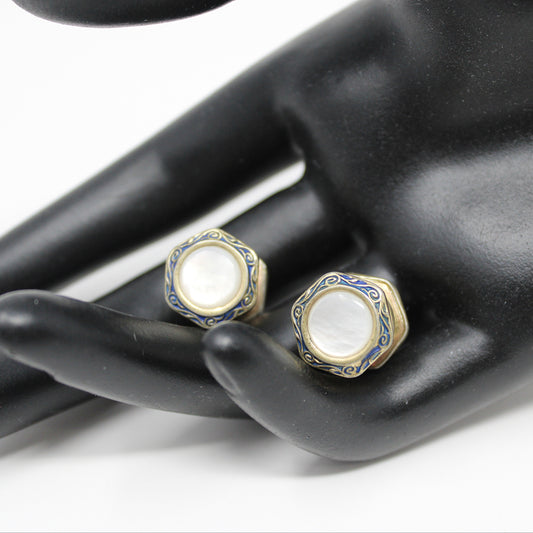 Cufflinks, Baer & Wilde, Art Deco, Mother of Pearl & Blue Enamel, Kum-a-Part Snap Link, Vintage