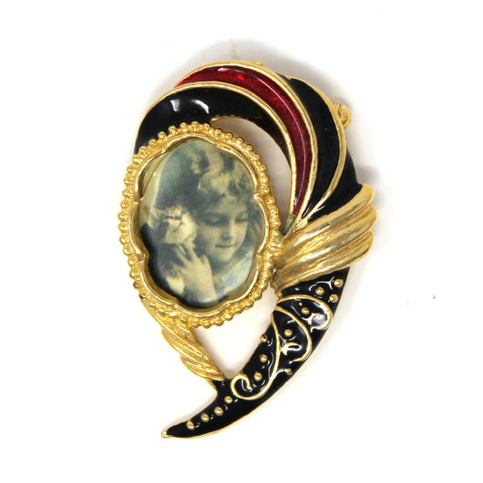 Vintage Art Deco style photo brooch.  Gold tone with black and red enamel.  