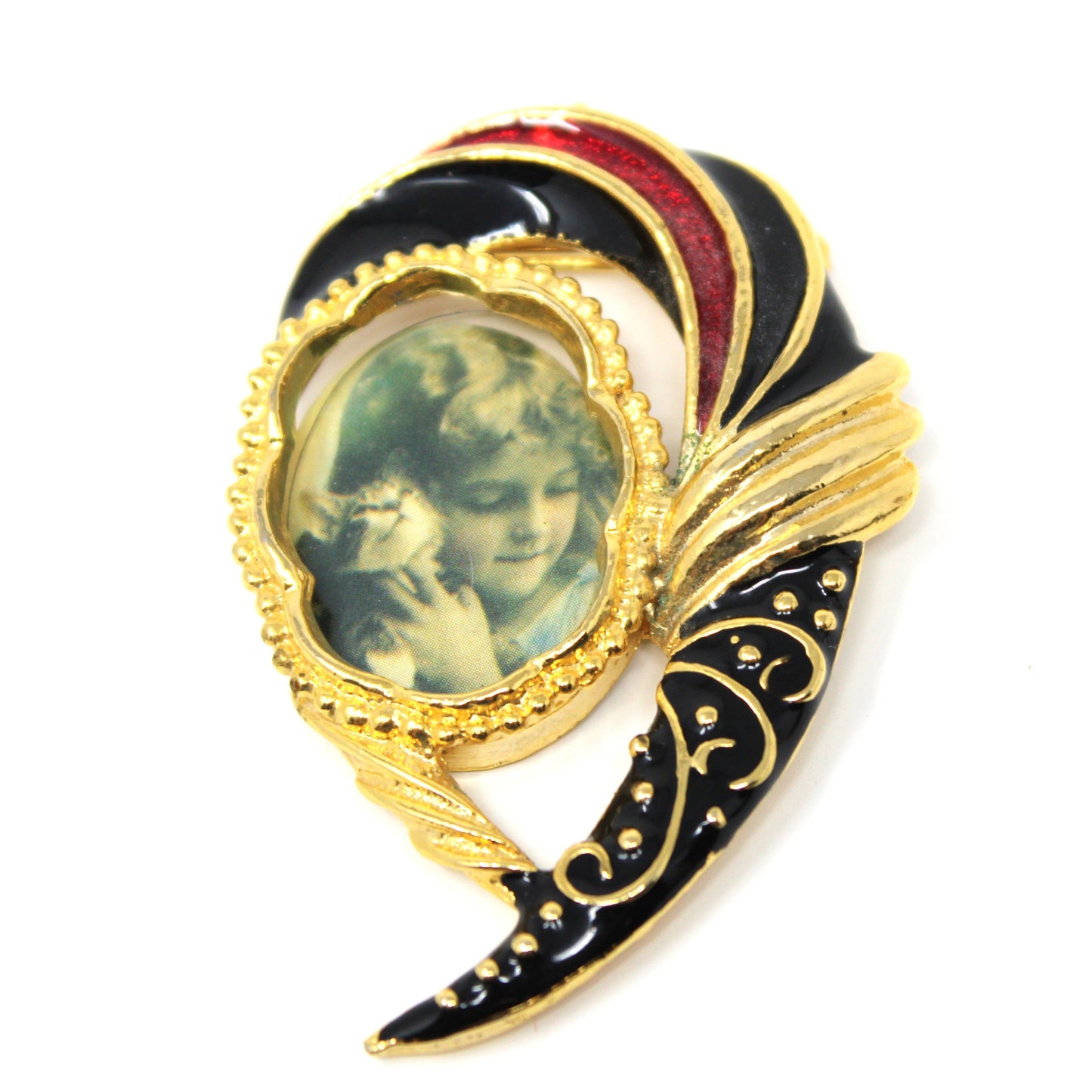 Brooch / Pin, LMC, Photo Brooch, Art Deco Style, Gold Tone & Enamel, Vintage