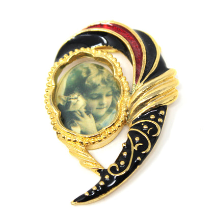 Brooch / Pin, LMC, Photo Brooch, Art Deco Style, Gold Tone & Enamel, Vintage