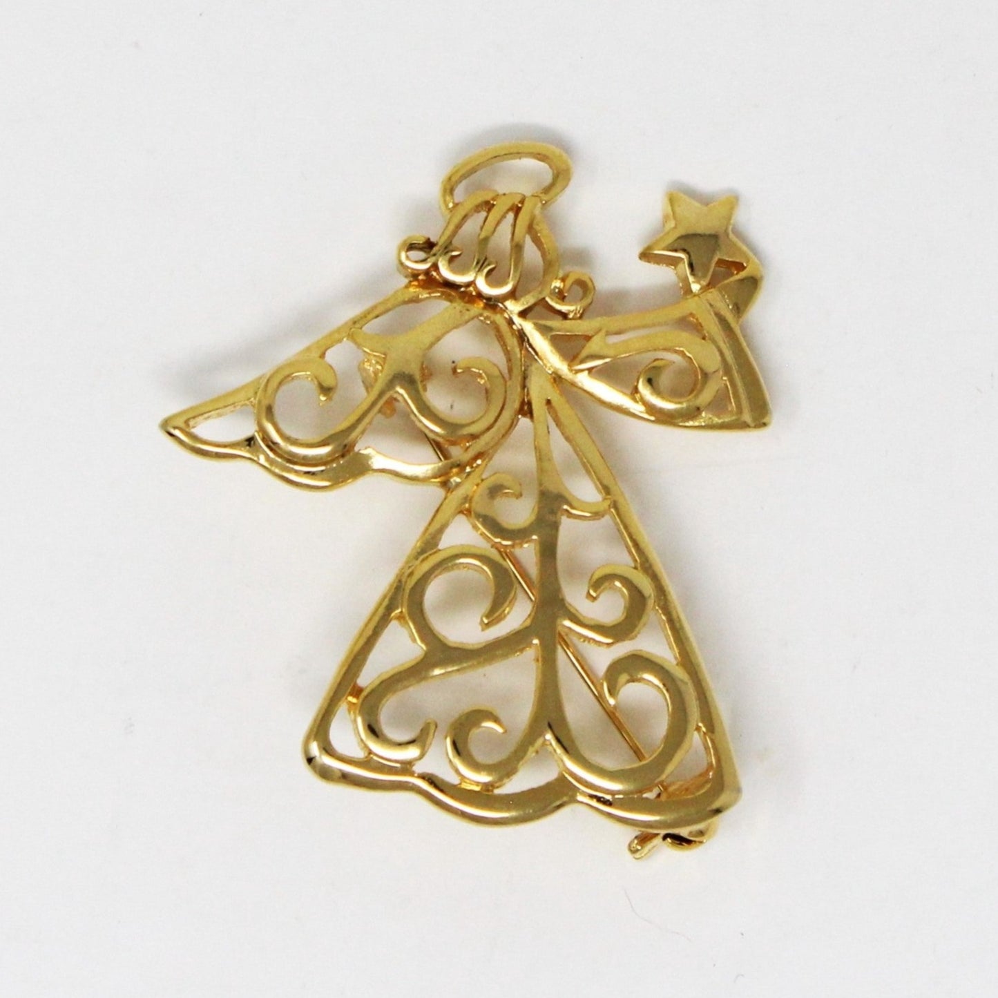 Brooch / Pin, Premier Designs, Filigree Angel with Star, Gold Plated, Signed