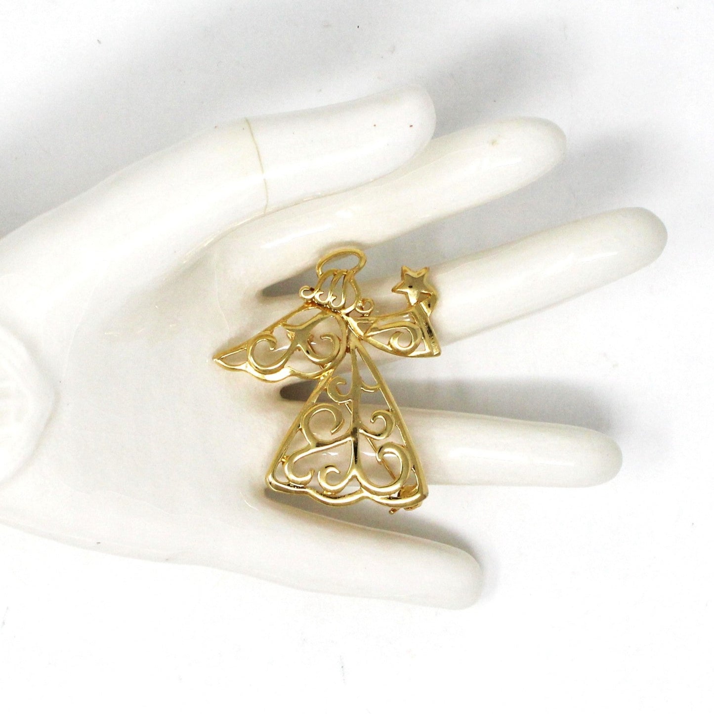 Brooch / Pin, Premier Designs, Filigree Angel with Star, Gold Plated, Signed