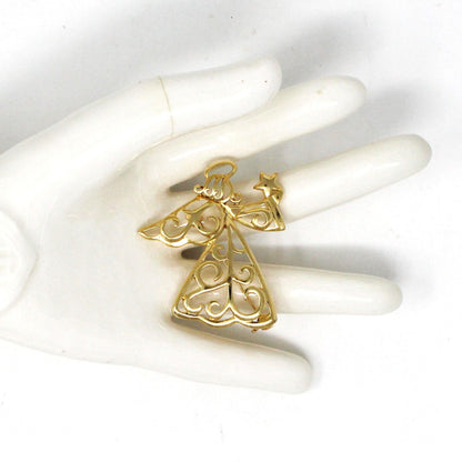 Brooch / Pin, Premier Designs, Filigree Angel with Star, Gold Plated, Signed