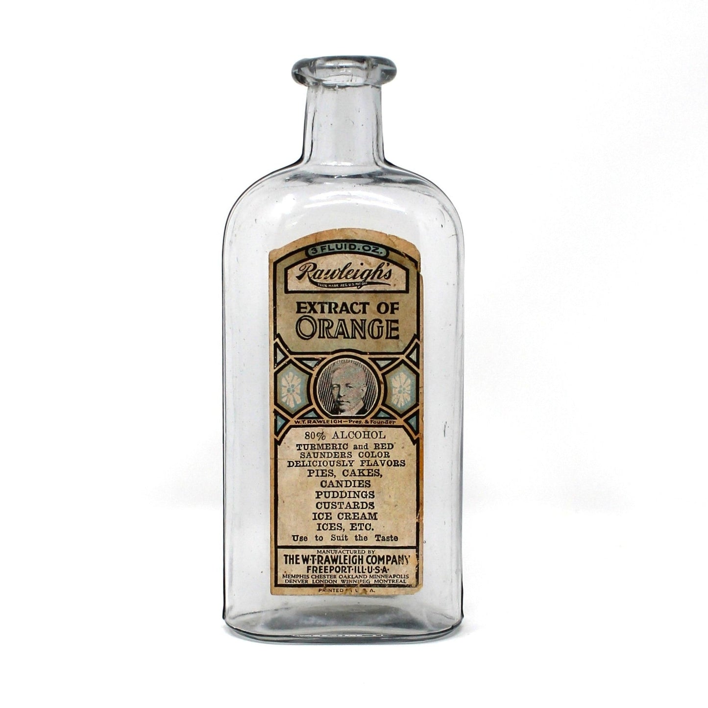 Extract Bottle, W T Rawleigh, Extract of Orange, Original Label, Cork Closure, Antique