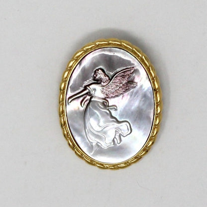 Brooch / Pin, Abalone Angel Cameo, Pin and Pendant in One, Gold Tone Oval
